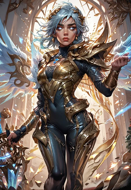 ((zPDXL3)), ((masterpiece,best quality, highly detailed)), ((score_9)), score_8_up, score_7_up, score_6_up, score_5_up, score_4_up, ((EnhanceImage)), L0LSPL4SH, year2024, year2023, West Studio, sixmorevodka, solo, DBRiven, silver hair, golden armor, black bodysuit, bodysuit, golden shoulder armor, sidebraid, silver eyes, cleavage, short hair, gold shoes, heels, wings, angel wings, blue hand, sword, Expressiveh, tanned-skin, 30yo, adult lustful confident woman, petite, slender body, perky saggy natural breasts, full lips, bangs, sidelocks, straps,
chinese magical sorceress, animated, swirling magic, wisps of magic, dancing pose, tight squeezed outfit, magical accessories, evoking motion, conveying motion, dynamic splash art
<lora:PainterlyFantasiaPDXL:0.6>