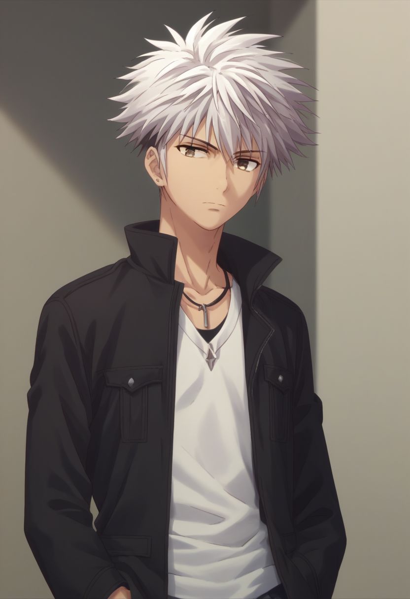 score_9, score_8_up, score_7_up, source_anime, highly detailed, 1boy, solo, male_focus, 
haru_sohma, 1boy, male focus, solo, jacket, brown eyes, spiked hair, upper body, white hair, pocket, black jacket,