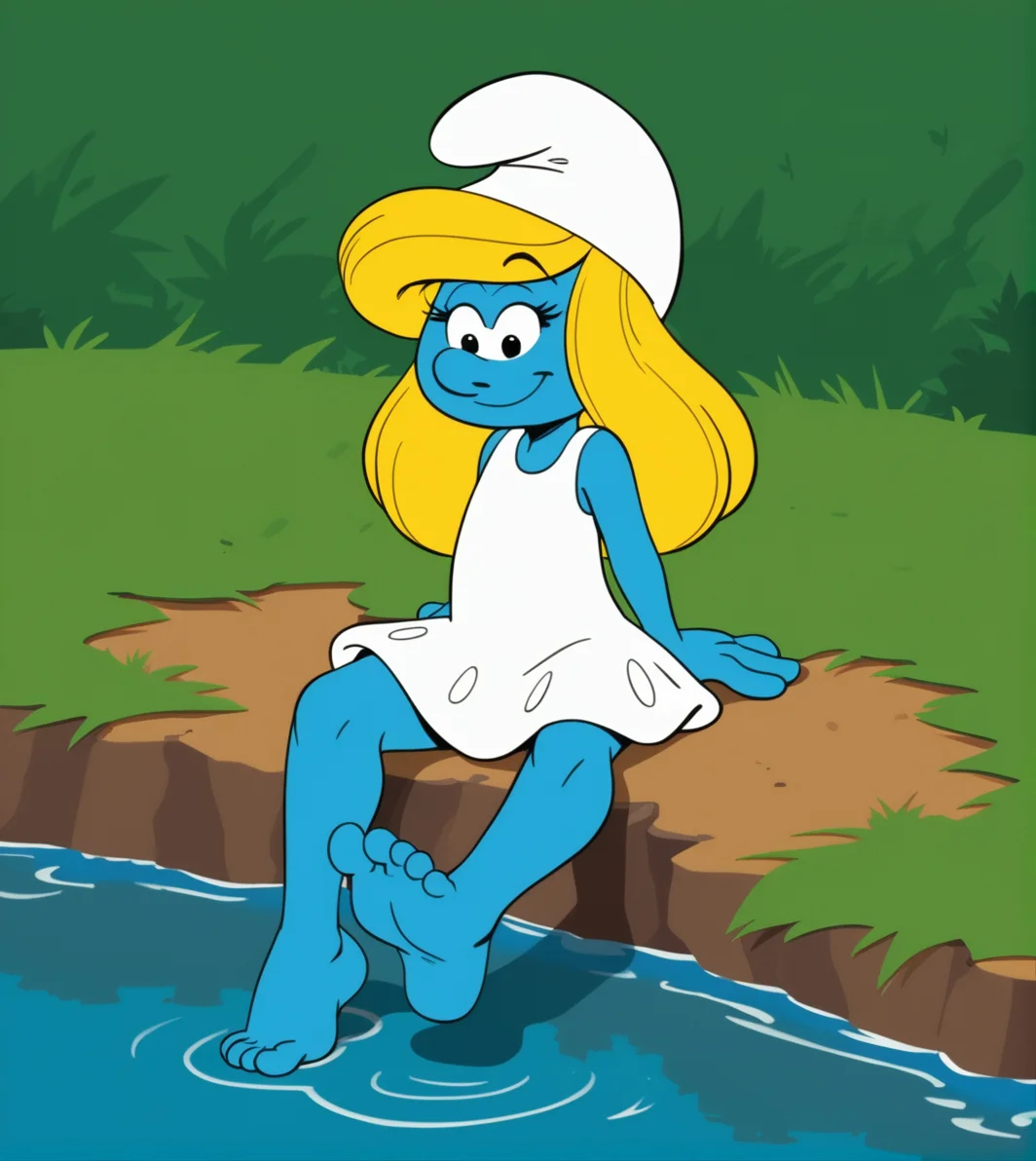 score_9,score_8_up, score_7_up,
1girl, solo, Smurfette, blue skin, blonde hair, white dress, white hat, sitting, barefoot, grass, water puddles, outdoors, cartoon, source_cartoon, <lora:Smurf_Character_Pack:1>