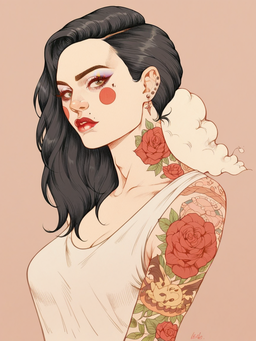 score_9, score_8_up, score_7_up, score_6_up,   <lora:l1zXLP:0.9> l1z, 1girl, tattoo, solo, black hair, curvy,  makeup,