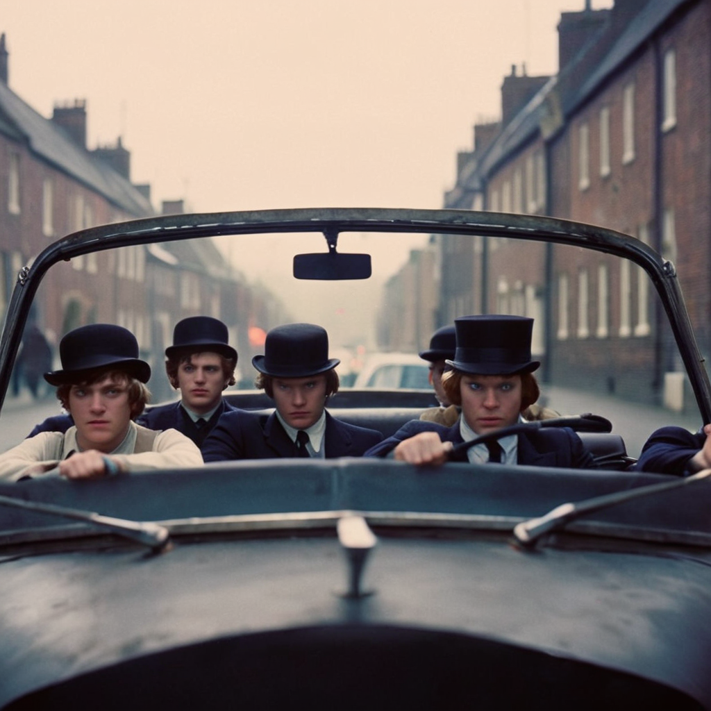cinematic film still of  <lora:perfection style:0.5> <lora:detailed:0.5> perfection detailed
 <lora:Clockwork Orange film style:0.9>
In a futuristic dystopian Britain a group of gang people riding in a car,1girl,hat,multiple boys,parody,ground vehicle,motor vehicle,4boys,realistic,car,vehicle focus,driving , cinematic, film, kodak, Clockwork Orange film style, iconic car, dricing to the camera, headlights, shallow depth of field, vignette, highly detailed, high budget, bokeh, cinemascope, moody, epic, gorgeous, film grain, grainy