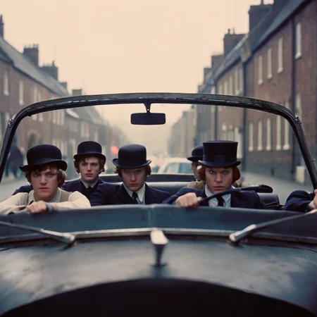 cinematic film still of <lora:perfection style:0.5> <lora:detailed:0.5> perfection detailed
<lora:Clockwork Orange film style:0.9>
In a futuristic dystopian Britain a group of gang people riding in a car,1girl,hat,multiple boys,parody,ground vehicle,motor vehicle,4boys,realistic,car,vehicle focus,driving , cinematic, film, kodak, Clockwork Orange film style, iconic car, dricing to the camera, headlights, shallow depth of field, vignette, highly detailed, high budget, bokeh, cinemascope, moody, epic, gorgeous, film grain, grainy