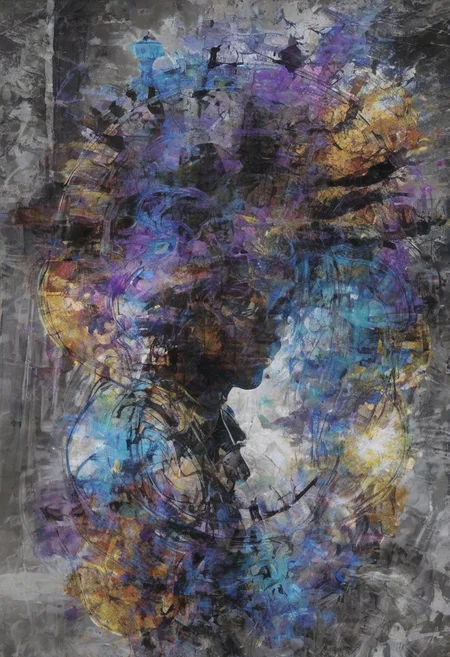 a world inside me, street, iridescent, gem, epic fantasy, dark fantasy, gritty, real, graffiti, long hair, (((silhouette))), expressionism art, fractals, stopwatch, deep purple and gray, at dusk, cinecolor, (dimmed colors:1.1), hdr, mentixis, linquivera
