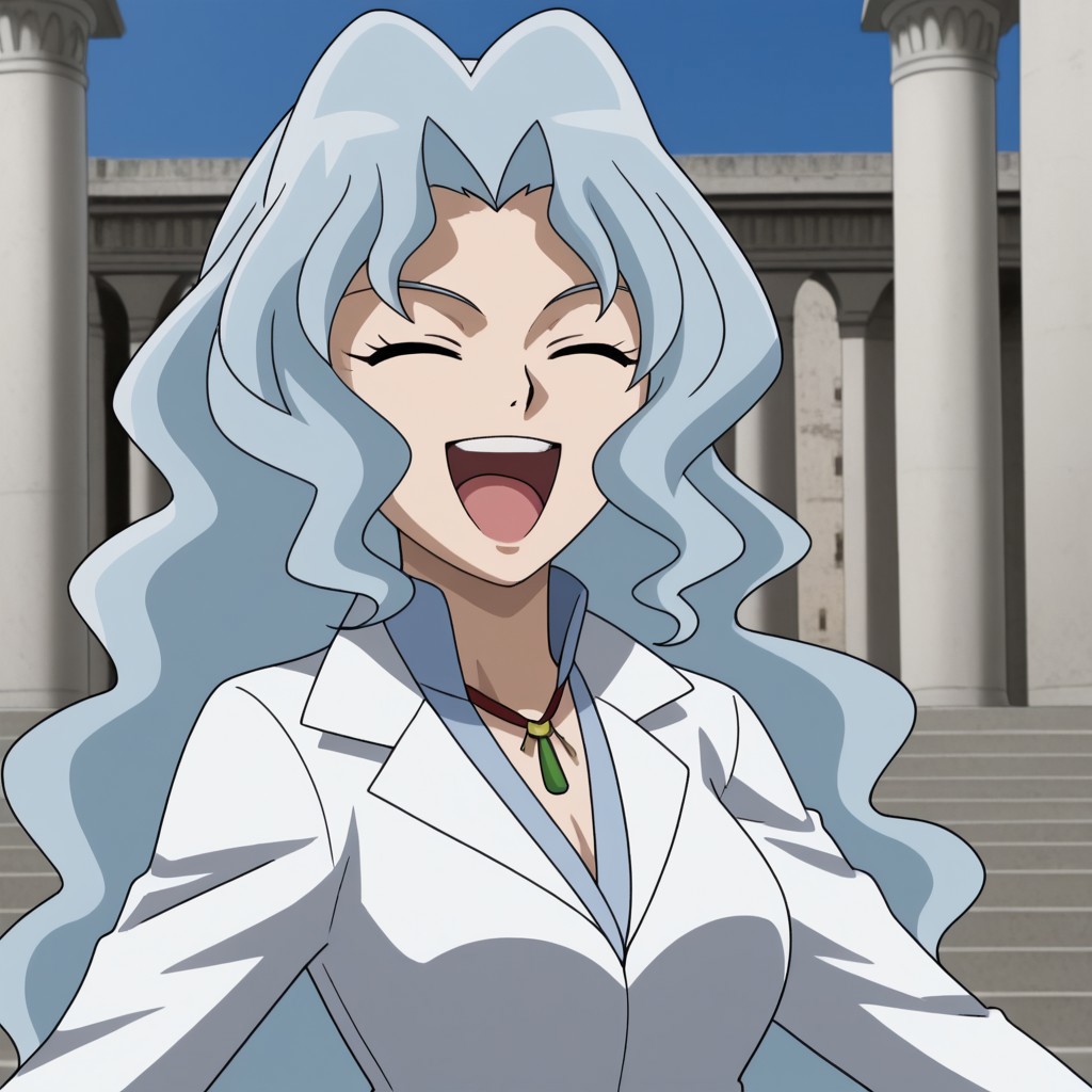 best quality, masterpeice, 1girl, solo, sophie, wavy hair, blue hair, blue blouse, white jacket, green eyes, breasts, laugh, closed eyes, greece, ancient place