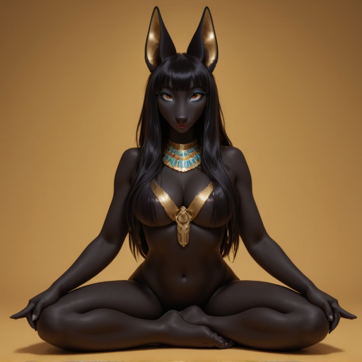This is a highly detailed, high-quality CGI artwork of an anthropomorphic character styled as a female Anubis, an ancient Egyptian jackal-headed deity. The character has a dark, almost black skin with a sheen, suggesting a glossy, possibly polished texture. She has long, flowing black hair with a gold and turquoise headdress, typical of ancient Egyptian royalty, adorned with a gold ankh necklace around her neck. she is spreading her legs, showing her wet pussy,