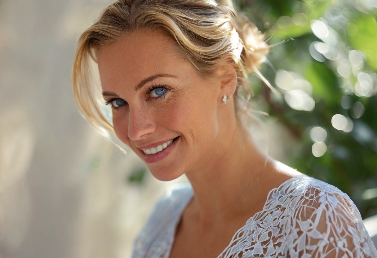 "A hyper-detailed, high-resolution (8K) close-up portrait of a 40-year-old woman with sleek blonde hair tied back in a soft bun, wearing a light, airy white blouse. Her striking blue eyes gleam with happiness, framed by delicate laugh lines that enhance her natural charm. The background is intentionally blurred, suggesting a lush garden terrace brunch—sun-dappled foliage, a wrought-iron table, and scattered morning light filtering through leaves. Shot with a Hasselblad H6D-100c medium-format camera, using a tight crop and a shallow depth of field (f/2.8) to emphasize the interplay of light on her skin and the fine strands of her hair. The lighting is natural yet sculpted, inspired by Annie Leibovitz’s ability to blend realism with ethereal beauty."