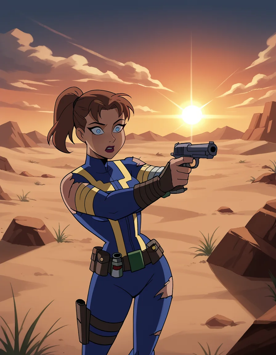 score_8_up, score_7_up, dcaustyle, solo, woman wearing vault suit from fallout /(series/), brown hair, ponytail, parted bangs, wide-eyed, impossible bodysuit, holding handgun, pointing gun, cowboy shot, thigh holster, torn clothing, pip boy, desert, sunset, backlighting, lens flare, a skull is on the ground