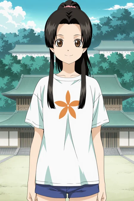anime coloring, anime screencap, masterpiece, best quality, amazing quality, detailed face,
<lora:Soyo_Tokugawa_Gintama:.9>
outside, day, Japanese palace in the background,
Soyo Tokugawa, 1girl, stylish t-shirt, shorts, solo, brown eyes, long hair, black hair, ponytail, looking at viewer, cute smile, cowboy shot