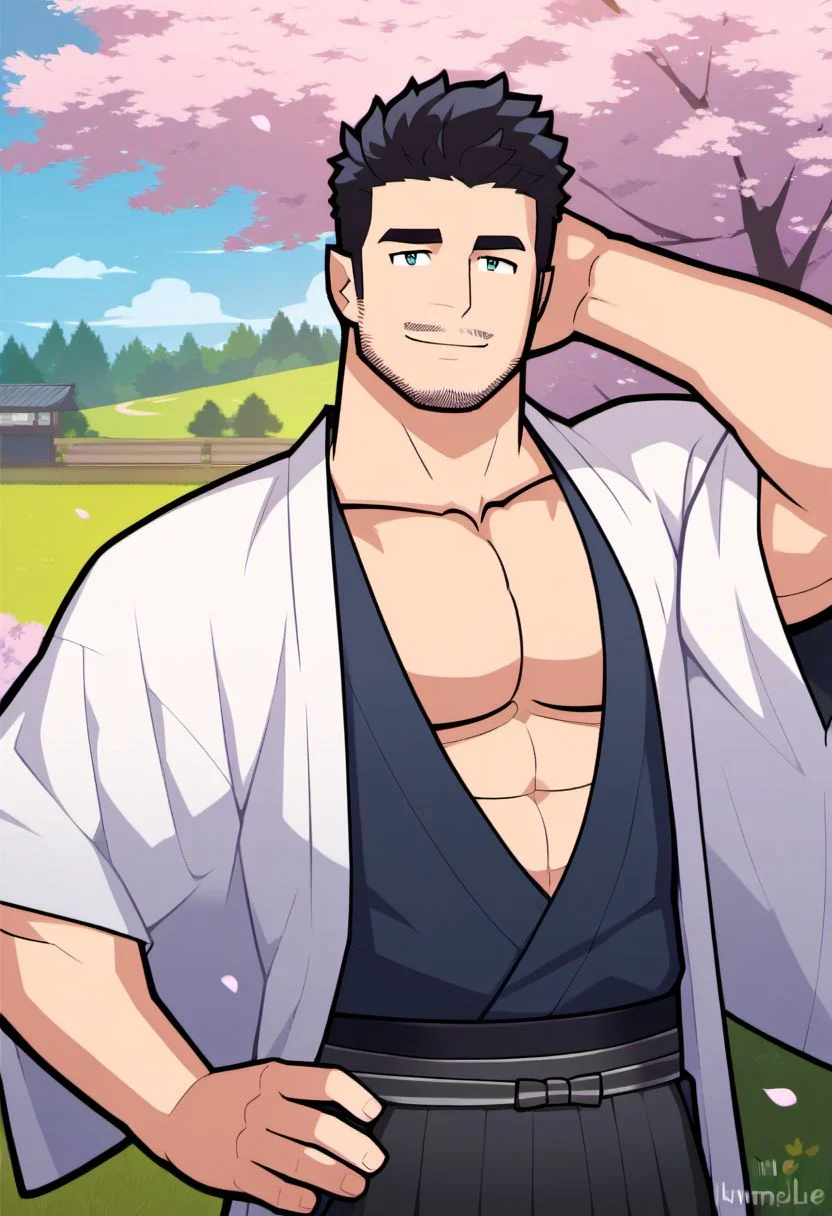 score_8_up,
black hair,mustache stubble,
smile,standing,arm behind head,cowboy shot,
humplex-style,1boy,pectorals,male focus,bara,muscular,solo,muscular male,
japanese clothes, cherry blossoms,
best quality,amazing quality,best aesthetic,absurdres,
<lora:humplex-style:1>,