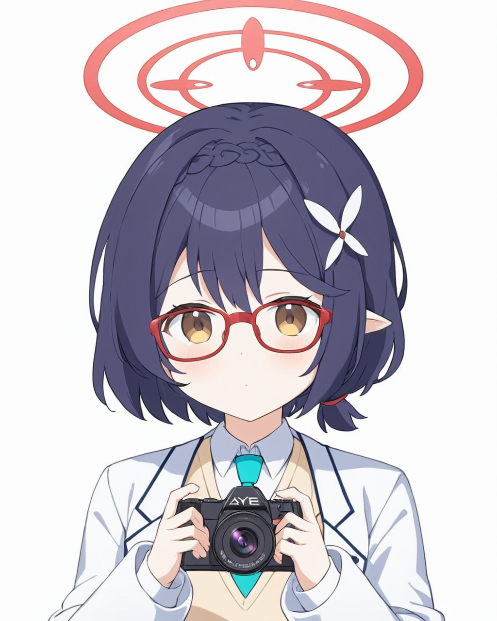 ayane \(blue archive\),1girl, headphones_around_neck, solo, halo, glasses, white_background, simple_background, long_sleeves, holding_camera, closed_mouth, white_jacket, necktie, red-framed_eyewear, skirt, hair_ornament, open_clothes, sweater_vest, upper_body, braid, white_coat, collared_shirt
<lora:ayane_(blue_archive)_image368_2023-11-26:1>halo. gorgeous,key visual, vibrant, studio anime,award-winning, professional, highly detailed,high budget, cinemascope