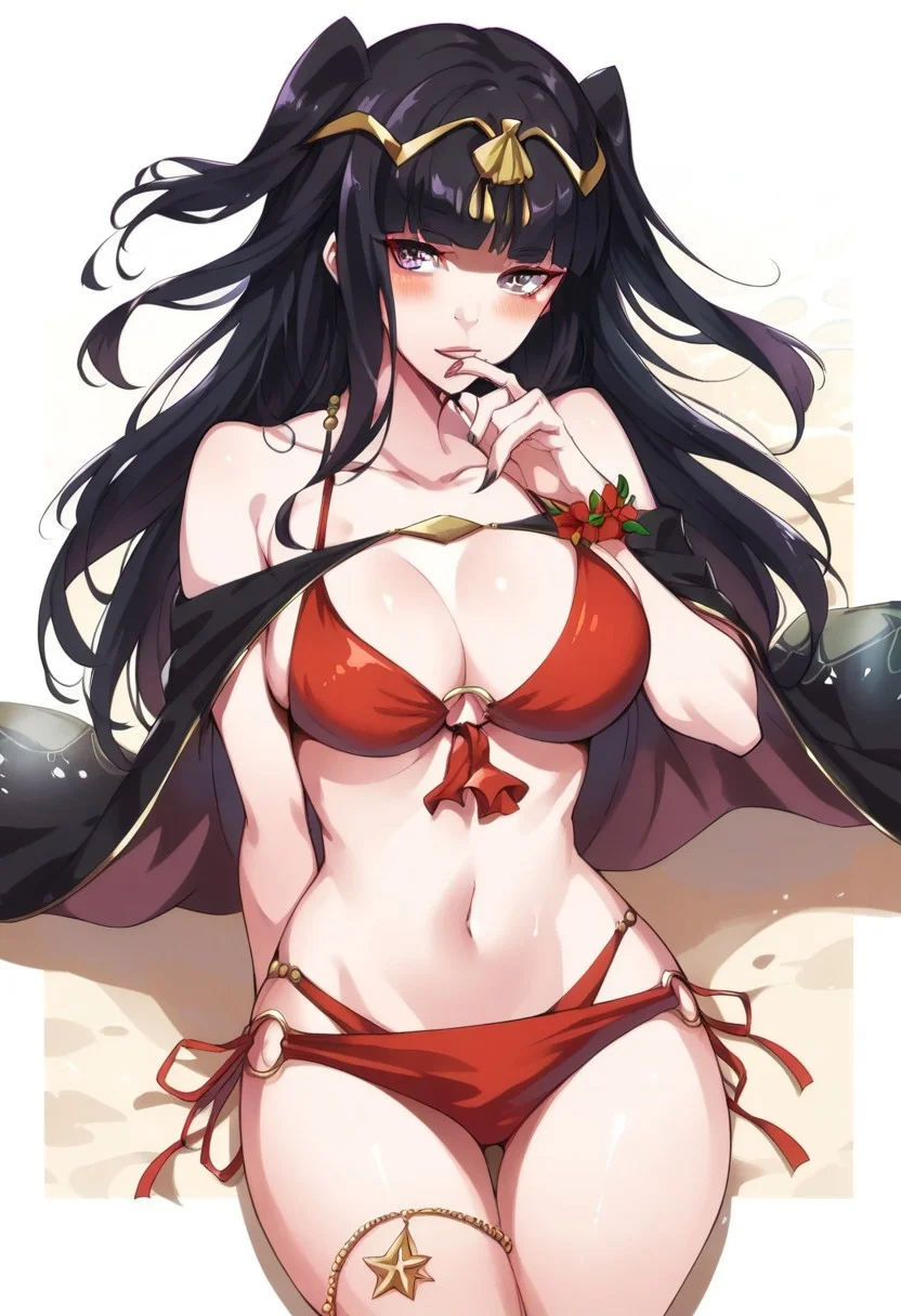 score_9, score_8_up, score_7_up, <lora:dannex009:1>, uncensored, 1girl, TharjaSummer, black hair, long hair, hair ornament, tiara, bangs, red bikini, o-ring bikini, swimsuit, cape, large breasts, jewelry, purple eyes, beach, towel