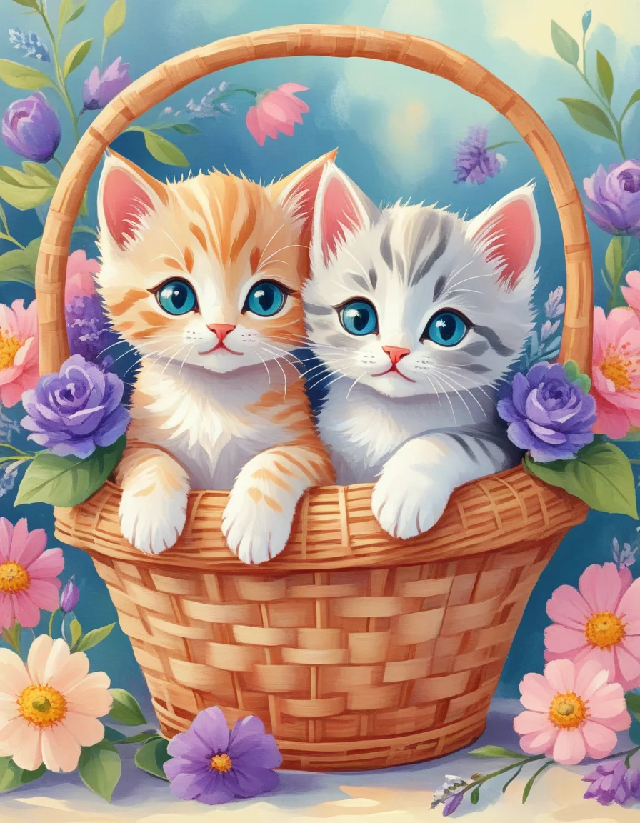 novuschroma style cute kittens in a basket with flowers <lora:106_novuschroma_1:1>