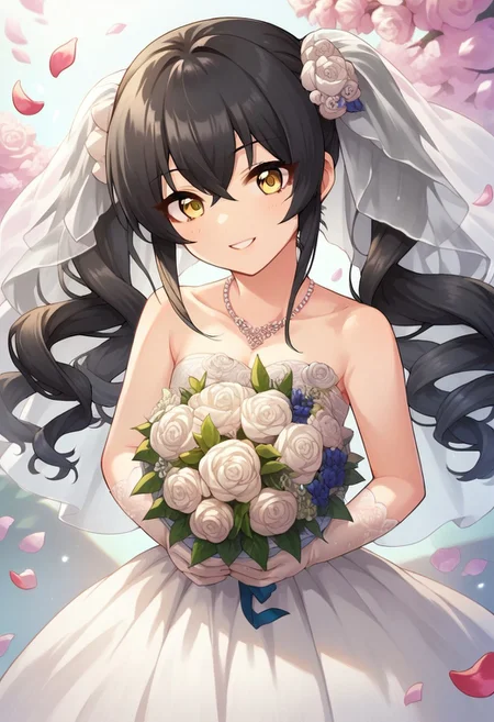 score_9, score_8_up, score_7_up, source_anime,matoba risa, long hair, black hair, yellow eyes, twintails, 1girl, bouquet, dress, jewelry, flower, necklace, petals, wedding dress, gloves, smile