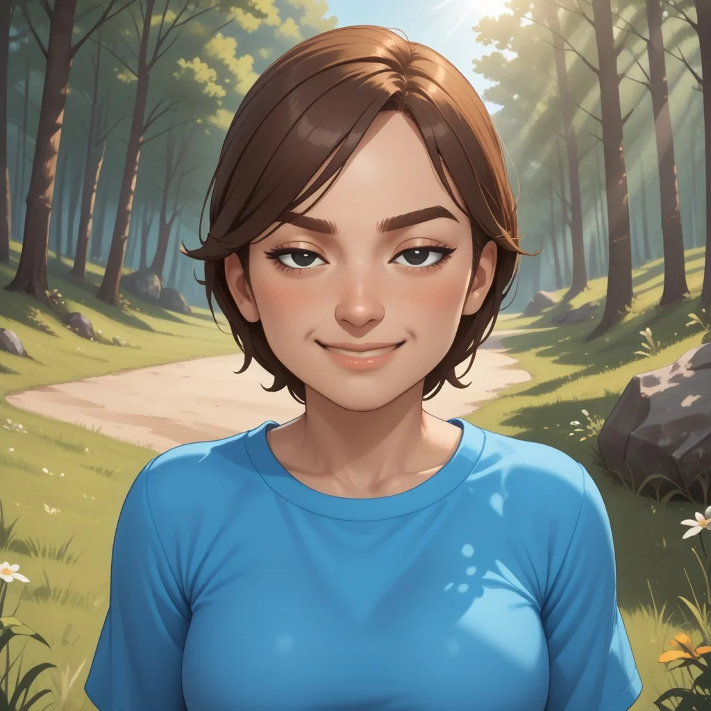 score_9, score_8, BREAK, solo, mii, wii, wii sports resort, female mii, 1girl, cute, brown hair, brown eyebrows, rectangle eyebrows, black eyes, sleepy eyes, half circle eyes, small nose, blush, :I, Hiromi_(\Wii_Sports_Resort\), breasts, Nintendo Mii, modern_mii, classic_mii, sexy pose, self portrait, smile, outdoors, sunlight, shadows, evening lighting, natural lighting, forest, trees, grass, orange sky, sunset