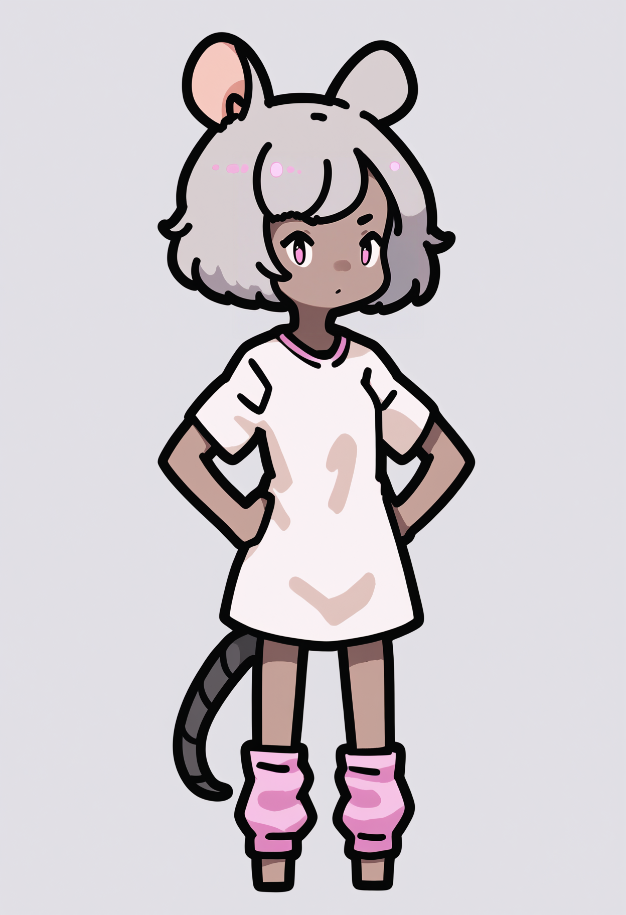 score_9, score_8_up, score_7_up, score_6_up, score_5_up, score_4_up, BREAK
1girl, short hair, grey hair, pink eyes,
mouse ears, mouse tail, chibi,
dark skin,
baggy shirt, bottomless, leg warmers,
hands on hips, standing, full body, solo, looking at viewer, simple background, white background    <lora:RabbitAndSteelXLLocon:1>