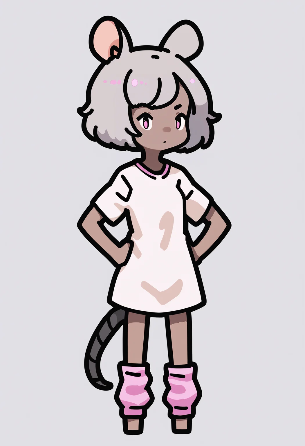 score_9, score_8_up, score_7_up, score_6_up, score_5_up, score_4_up, BREAK
1girl, short hair, grey hair, pink eyes,
mouse ears, mouse tail, chibi,
dark skin,
baggy shirt, bottomless, leg warmers,
hands on hips, standing, full body, solo, looking at viewer, simple background, white background <lora:RabbitAndSteelXLLocon:1>