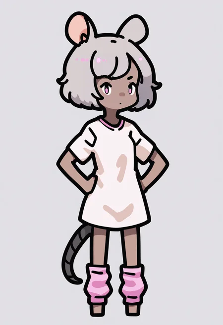score_9, score_8_up, score_7_up, score_6_up, score_5_up, score_4_up, BREAK
1girl, short hair, grey hair, pink eyes,
mouse ears, mouse tail, chibi,
dark skin,
baggy shirt, bottomless, leg warmers,
hands on hips, standing, full body, solo, looking at viewer, simple background, white background    <lora:RabbitAndSteelXLLocon:1>
