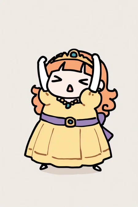 masterpiece, best quality, 1girl, solo, <lora:dqlaura-illu-nvwls-v1-000006:1> prcslr, orange hair, long hair, curly hair, blunt bangs, green eyes, tiara, earrings, necklace, yellow dress, long dress, puffy short sleeves, white gloves, elbow gloves, purple sash, waist bow,  <lora:style_walfie_illustriousXL-GLoRA:1.1> chibi, >_<, open mouth, simple background, arms up, full body