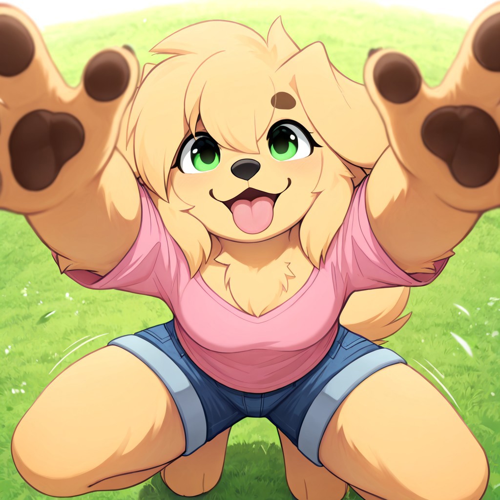 masterpiece, best quality, newest, absurdres, highres, furry, perfect anatomy, Friday,1girl,solo,furry female,dog girl,dog ears,green eyes,snout,animal nose,body fur,two-tone fur,dog tail, small breasts, pink shirt, blue shorts, denim shorts, outdoors, park, grass, jumping, pouncing, jumping towards viewer, happy, playful, looking at viewer, pouncing towards viewer, pov, arms towards viewer, hands towards viewer, paws towards viewer, mouth open, tongue out, panting, ground pov, viewer looking up,