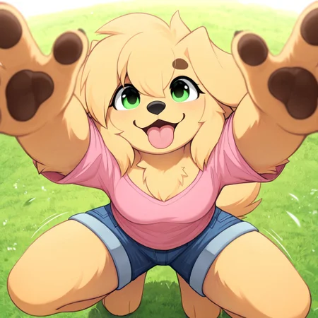 masterpiece, best quality, newest, absurdres, highres, furry, perfect anatomy, Friday,1girl,solo,furry female,dog girl,dog ears,green eyes,snout,animal nose,body fur,two-tone fur,dog tail, small breasts, pink shirt, blue shorts, denim shorts, outdoors, park, grass, jumping, pouncing, jumping towards viewer, happy, playful, looking at viewer, pouncing towards viewer, pov, arms towards viewer, hands towards viewer, paws towards viewer, mouth open, tongue out, panting, ground pov, viewer looking up,