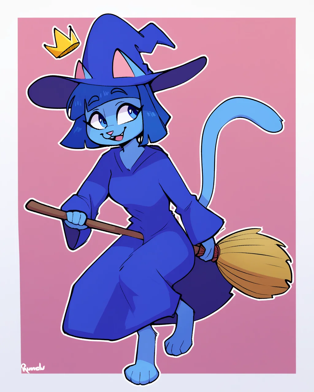 score_9_up, score_8_up, score_7_up, score_6_up, by remanedur, blue hair, medium breasts, furry female, blue eyes, female, furry, cat, blunt bangs, blue robe, witch, blue witch hat, crown, floating crown, short hair, blue hair, blue body, tail, solo, happy, smile, three-quarter view, happy, smile, broom, broom riding,  head tilt, simple background, white outline, <lora:PDXL_artist_tags_v2_big:0.5> <lora:The-Minuscule-Task_PDXL_v1.0:0.6>   <lora:Cat_Witch_smekbo:0.9>