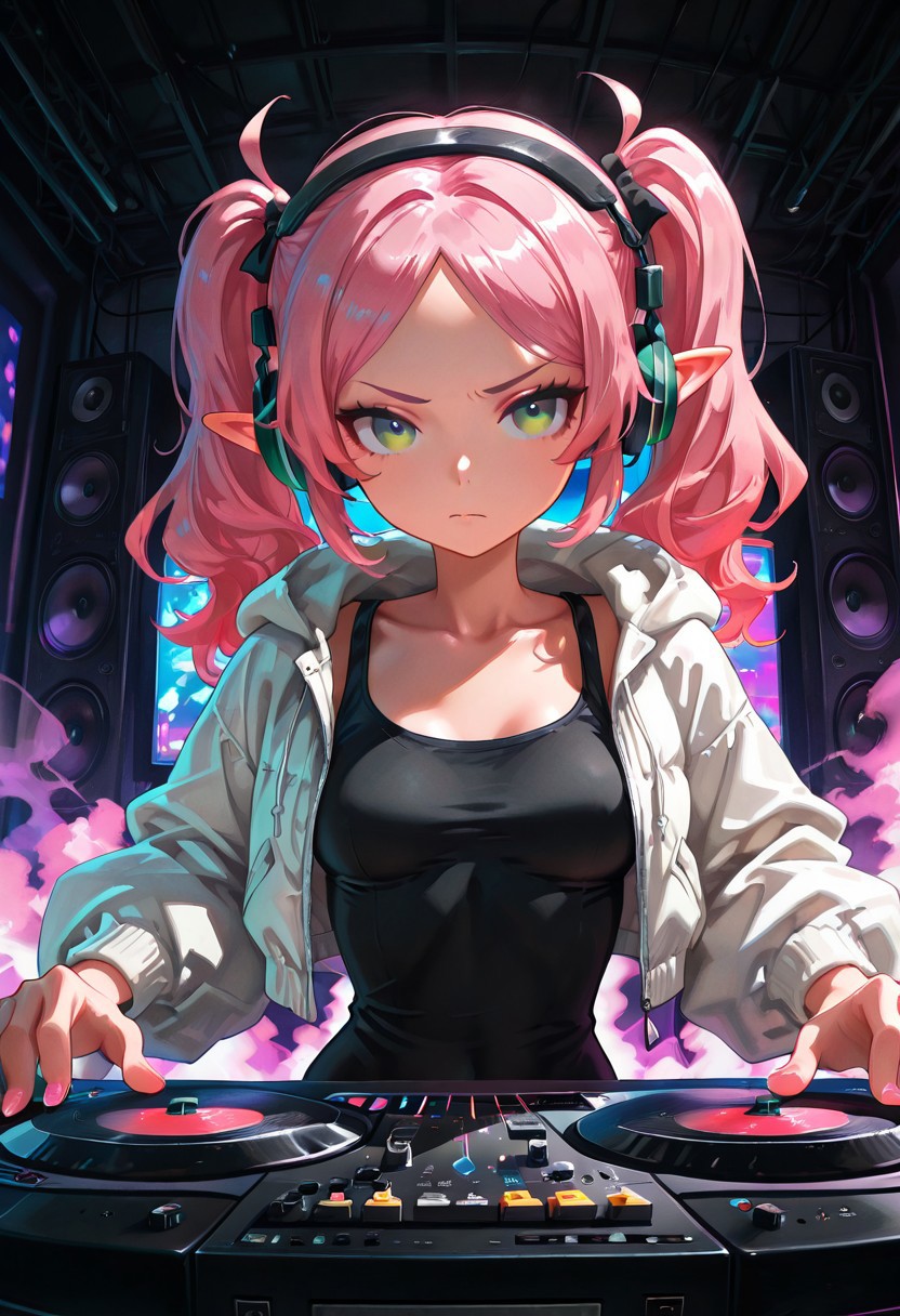 solo, elf girl, skinny, long pink hair, twintails, green eyes, small breasts, black tank top, white puff jacket, headphones, concentrating, turntable, speakers, colorful light show, smoke, sound equipment, dj, rave, indoors, crowd in background, t4kar4i_illu, no_outlines, no lineart, masterpiece, best quality, absurdres,
