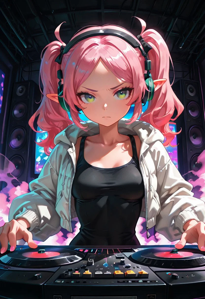 solo, elf girl, skinny, long pink hair, twintails, green eyes, small breasts, black tank top, white puff jacket, headphones, concentrating, turntable, speakers, colorful light show, smoke, sound equipment, dj, rave, indoors, crowd in background, t4kar4i_illu, no_outlines, no lineart, masterpiece, best quality, absurdres,