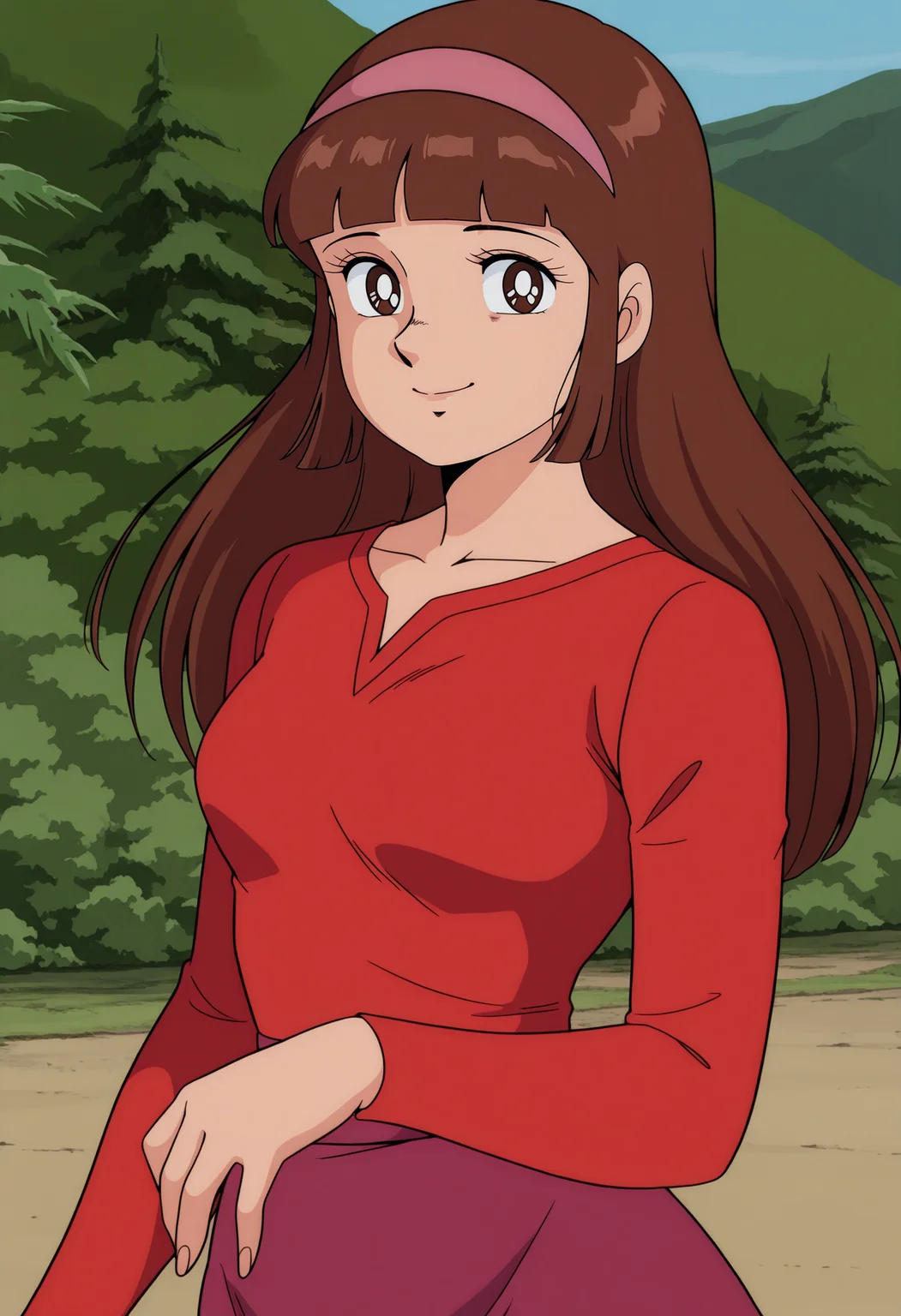 1girl,solo,mm,mature female,long hair,brown hair,hairband,bangs,blunt bangs,brown eyes,retro artstyle,anime coloring,
red long sleeve shirt,purple skirt,looking at viewer, smile,outdoors
,masterpiece,best quality,amazing quality,<lora:Sayaka_Yumi-Mazinger_Z_1972:0.8>