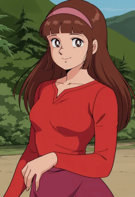 1girl,solo,mm,mature female,long hair,brown hair,hairband,bangs,blunt bangs,brown eyes,retro artstyle,anime coloring,
red long sleeve shirt,purple skirt,looking at viewer, smile,outdoors
,masterpiece,best quality,amazing quality,<lora:Sayaka_Yumi-Mazinger_Z_1972:0.8>