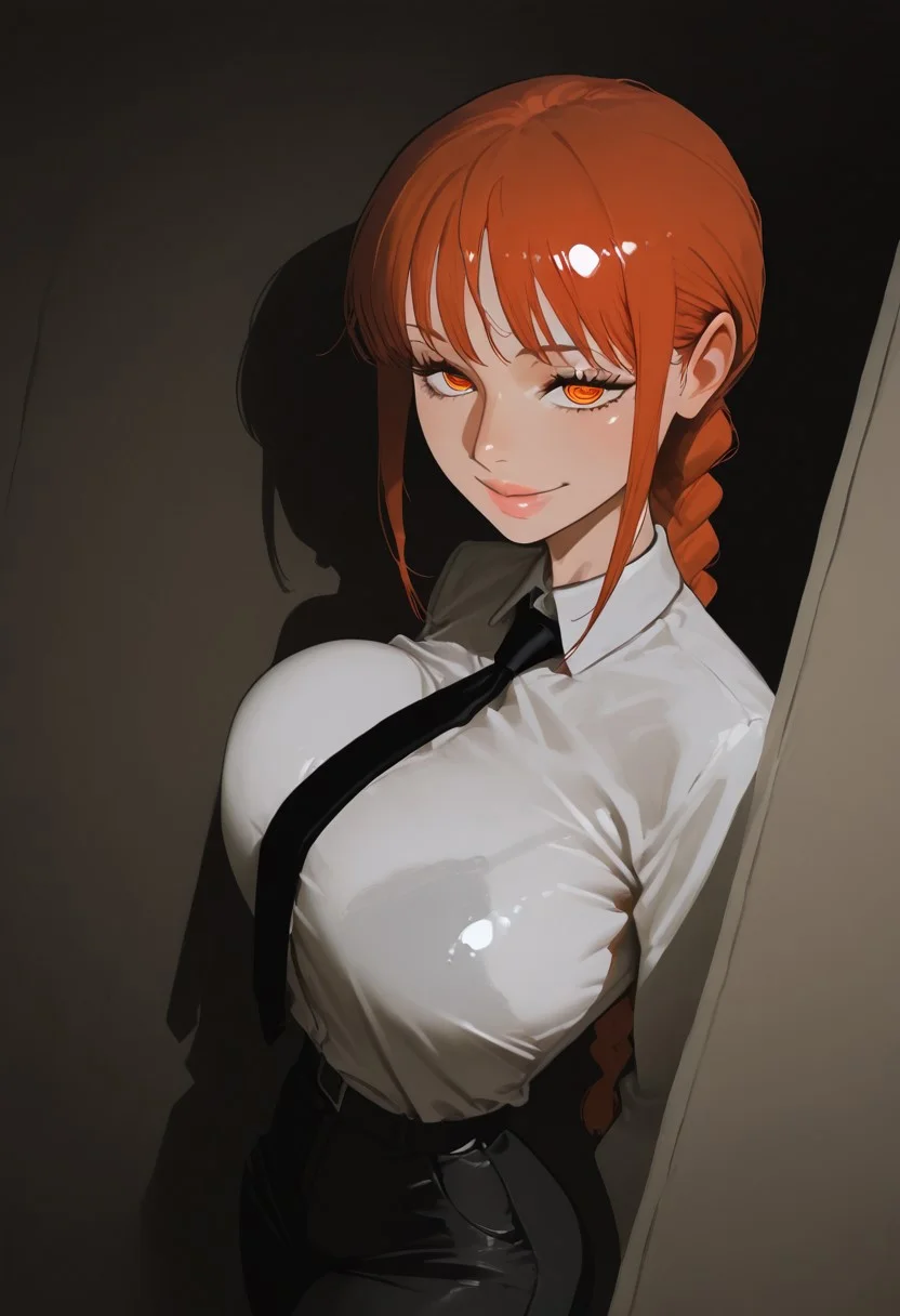 1girl, solo, makima \chainsaw man\, red hair, long hair, ringed eyes, braided ponytail, white collared shirt, black necktie, black pants,
looking at viewer, smiling, closed mouth,
hiding, in macabre Cursed, moonlit hilltop,artist:Matsuba10,matumot,kim hyung tae,
dynamic angle, dynamic motion, creepy, horror,fenner, trippy,,absolutely eye-catching,,extremely detailed,, good composition, masterpiece, best quality, very aesthetic, very awa, absurdres, newest,
masterpiece, best quality, amazing quality, very aesthetic, absurdres, newest, , photorealistic, <lora:incase_new_style_red_ill>, ExpressiveH, shiny skin, black bra under clothes, beautiful lips, sexy lips, shiny lips,