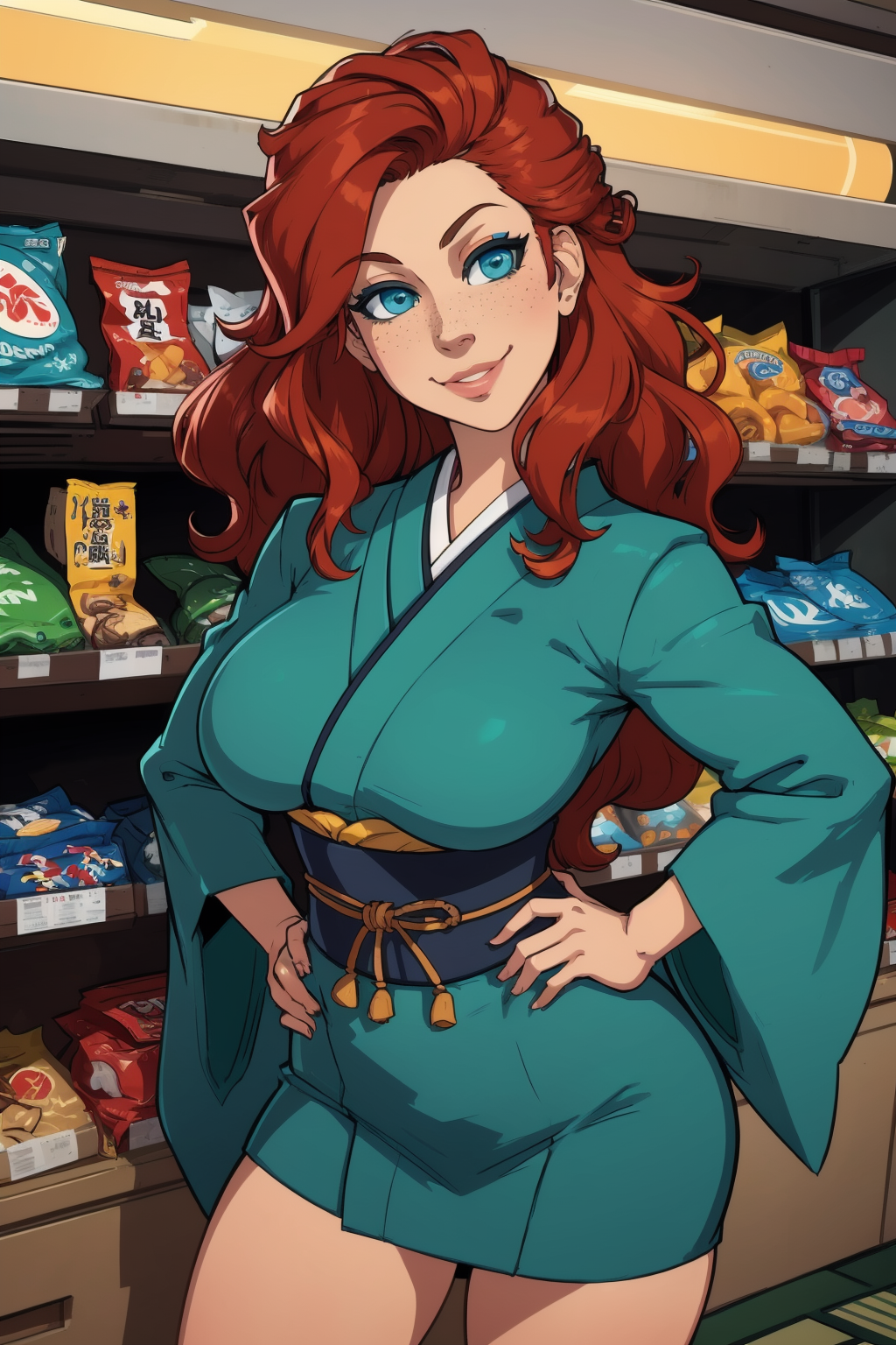 (hands behind back:1.6), leaning forward, (foreshortening:1.6), perfect anatomy, (solo:1.4), 1girl, (head fully in frame:1.3), (beautiful face:1.5), (cowboy shot:1.3), (cute:1.4), big cheeky smile, looking at viewer, beautiful eyes, curvy, (large breasts:1.3), (left hand on hip:1.3), <lora:Owler [MockAi - v2.0]:0.8> owler, sharp lineart, (clean lineart:1.4), vibrant colors, (simple shading:1.2), (cell shading:1.2), (red hair:1.3), long hair, curly hair, (green-blue eyes:1.4), open hair, freckles, beautiful face, beautiful eyes,, (japanese convenience store:1.4), (inside:1.3), modern, (konbini), shelves, groceries,