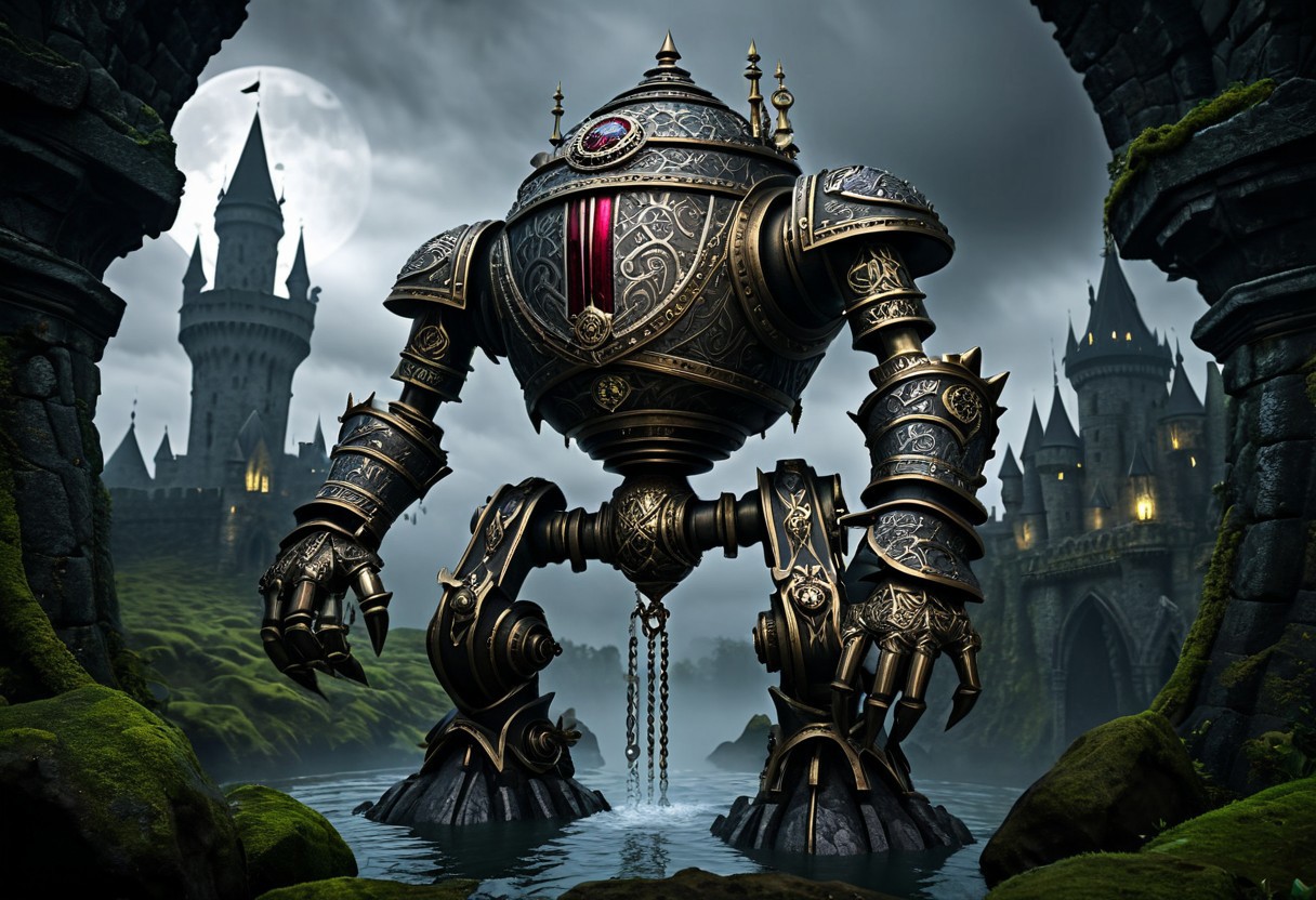 giant bipedal robot pewter silver and dark red stripes and bronze gold paisley robot. lacy robot cube spiked. head. outside of a steampunk keep. large detailed torso. dark image. one forty foot tall ancient robot with great arms and two heavy spring legs. dark foggy night background. $dark foggy night image only. dark photo realistic image. steampunk details. cogs, chains and pipes incorporated in the fantasy buildings. magic wizards tower in background. Dark swamp, moss, castle ruins, wizards tower. stormy dark night. small floating machines