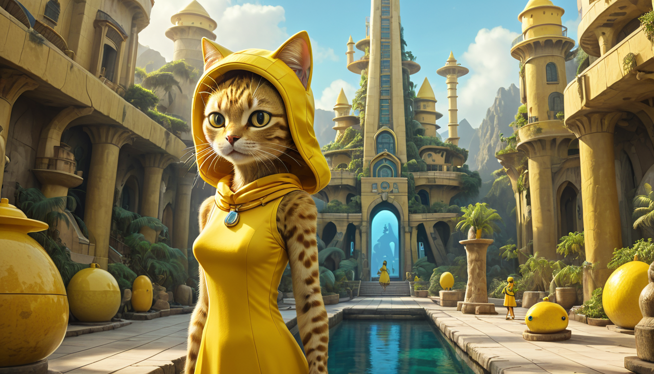 positiv Clip L:
 an award-winning, cartoon, of a cat wearing a tight yellow dress, and a yellow beanie cap, in front of a atlantis, concept art by doug chiang, extremely detailed, 8 k 
positiv Clip G:
 an award-winning, cartoon, of a cat wearing a tight yellow dress, and a yellow beanie cap, in front of a atlantis, concept art by doug chiang, extremely detailed, 8 k