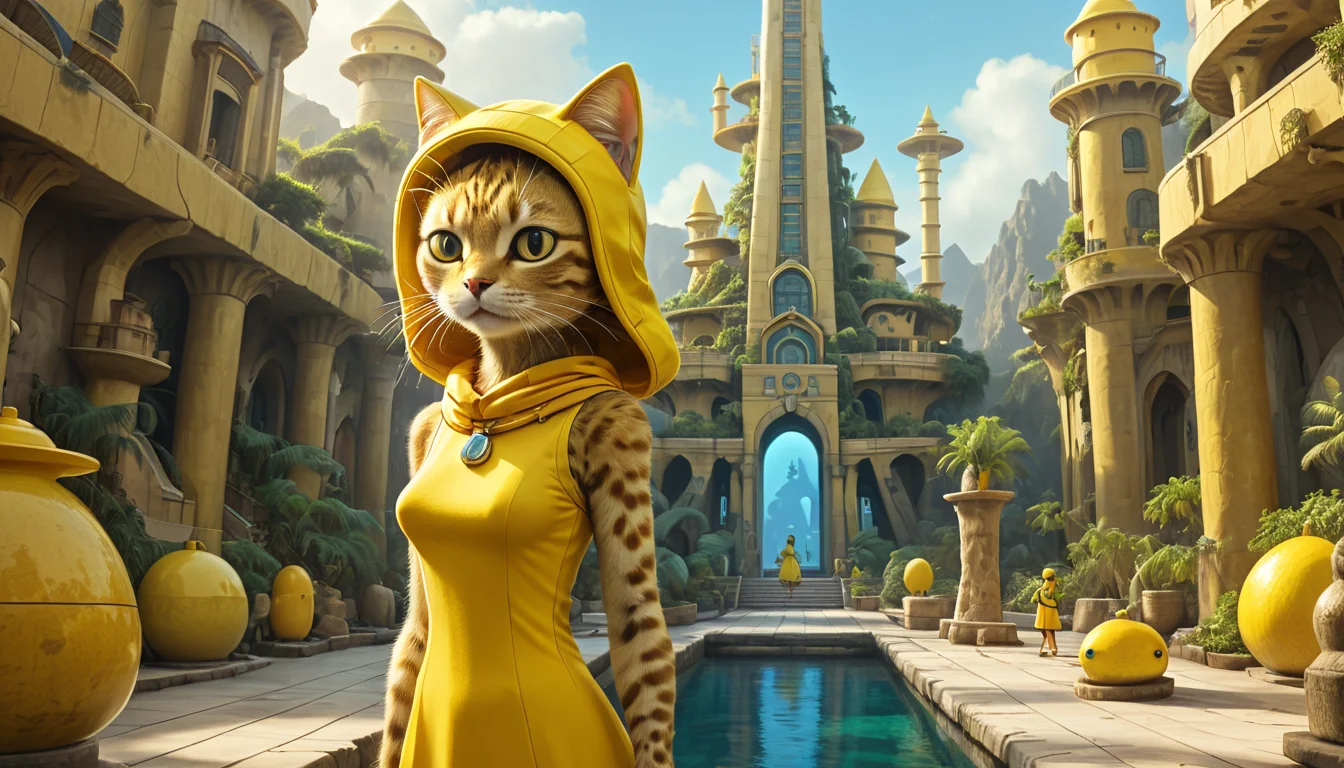 positiv Clip L:
 an award-winning, cartoon, of a cat wearing a tight yellow dress, and a yellow beanie cap, in front of a atlantis, concept art by doug chiang, extremely detailed, 8 k 
positiv Clip G:
 an award-winning, cartoon, of a cat wearing a tight yellow dress, and a yellow beanie cap, in front of a atlantis, concept art by doug chiang, extremely detailed, 8 k