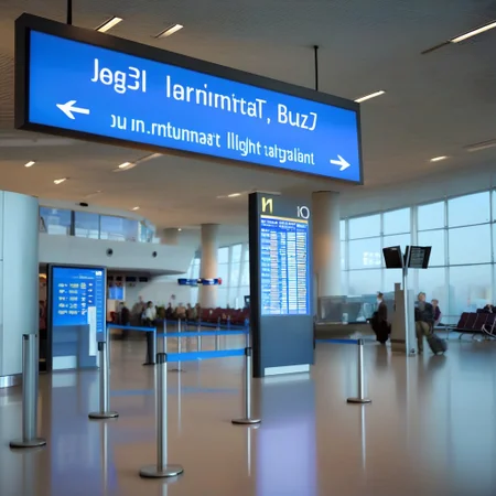 Airport lobby, Blue information board with text "flight for buzz"