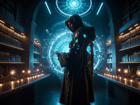 cinematic photo with dramatic lighting, dynamic pose,man working in cyberpunk library, holographic interface, mad-hrmtcwzrd, hooded_robe, intricately ornated, magical items, mushrooms, glowing plants, light rays, dust, smoke <lora:Neon_Cyberpunk_SDXL_Hermetic_Wizard:0.7>,, masterpiece, best quality, ultra high res, (photorealistic, realistic:1.2), deep shadow, raw photo, film grain, Fujifilm XT3, 8k uhd, dslr