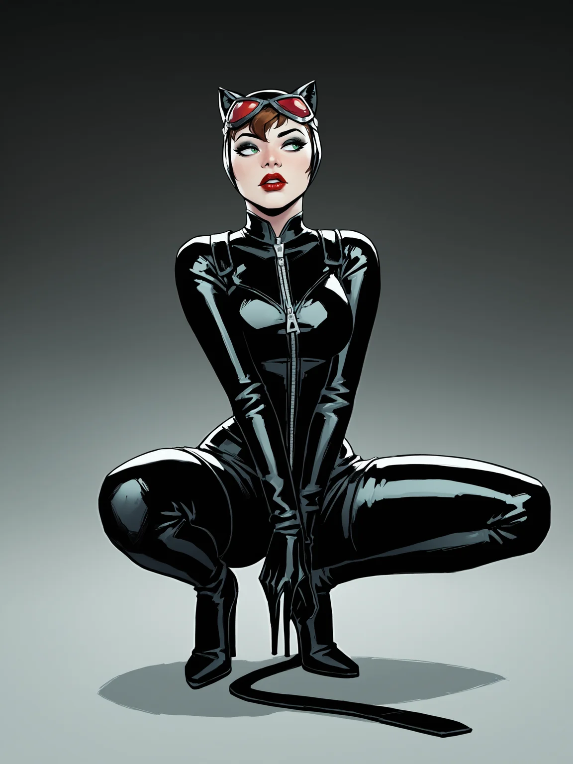 score_9, score_8_up, score_7_up, score_6_up, score_5_up, score_4_up,
BREAK
1girl, catwoman, long eyelashes, black eyeshadow, black eyeliner, red lips, thick lips,
BREAK
solo, skinny, squatting, black high heels, black latex bodysuit, looking away, hands on floor,
BREAK
black background, simple background, <lora:Lunas-DonghoKang-SDXL-A1:1>