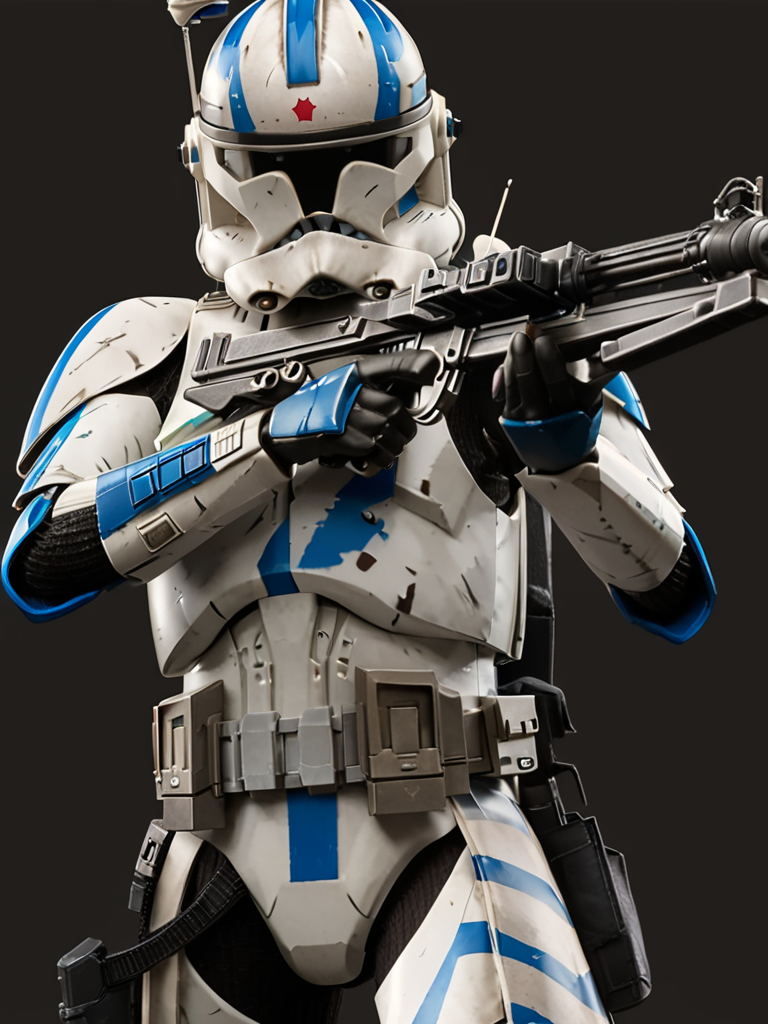 (upper body1.5) shot Star Wars Clone Trooper <lora:CloneTrooper-Prequels:0.8> with blue paint markings holding and aiming a gun, 1boy, weapon, male focus, gun, solo, realistic, rifle, armor, insanely detailed, lifelike, looking at camera, atmospheric, intricate, character photography, 8k, sharp focus, unreal engine 5, volumetric lighting, octane render, vray, character photography, Fujifilm XT3, DSLR, 50mm, ultra-realistic, hyperrealism, authentic star wars atmosphere, masterpiece, trending on artstation