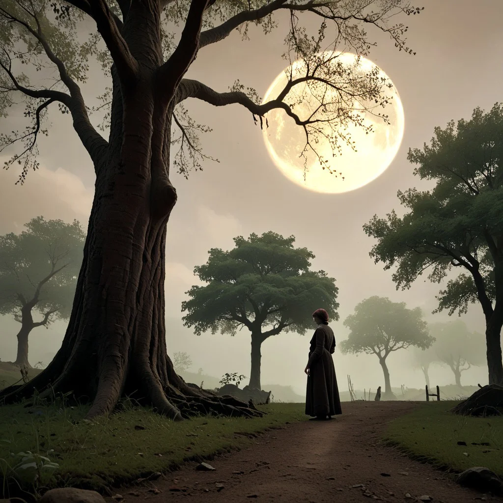 score_9, score_8_up, score_7_up freckled Orianna standing under an ancient tree, the moon casting eerie shadows around her serene figure."