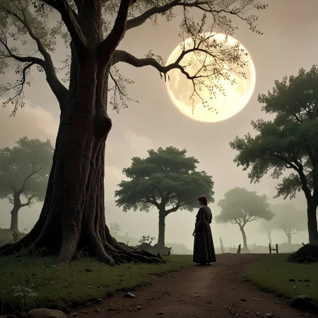 score_9, score_8_up, score_7_up freckled Orianna standing under an ancient tree, the moon casting eerie shadows around her serene figure."