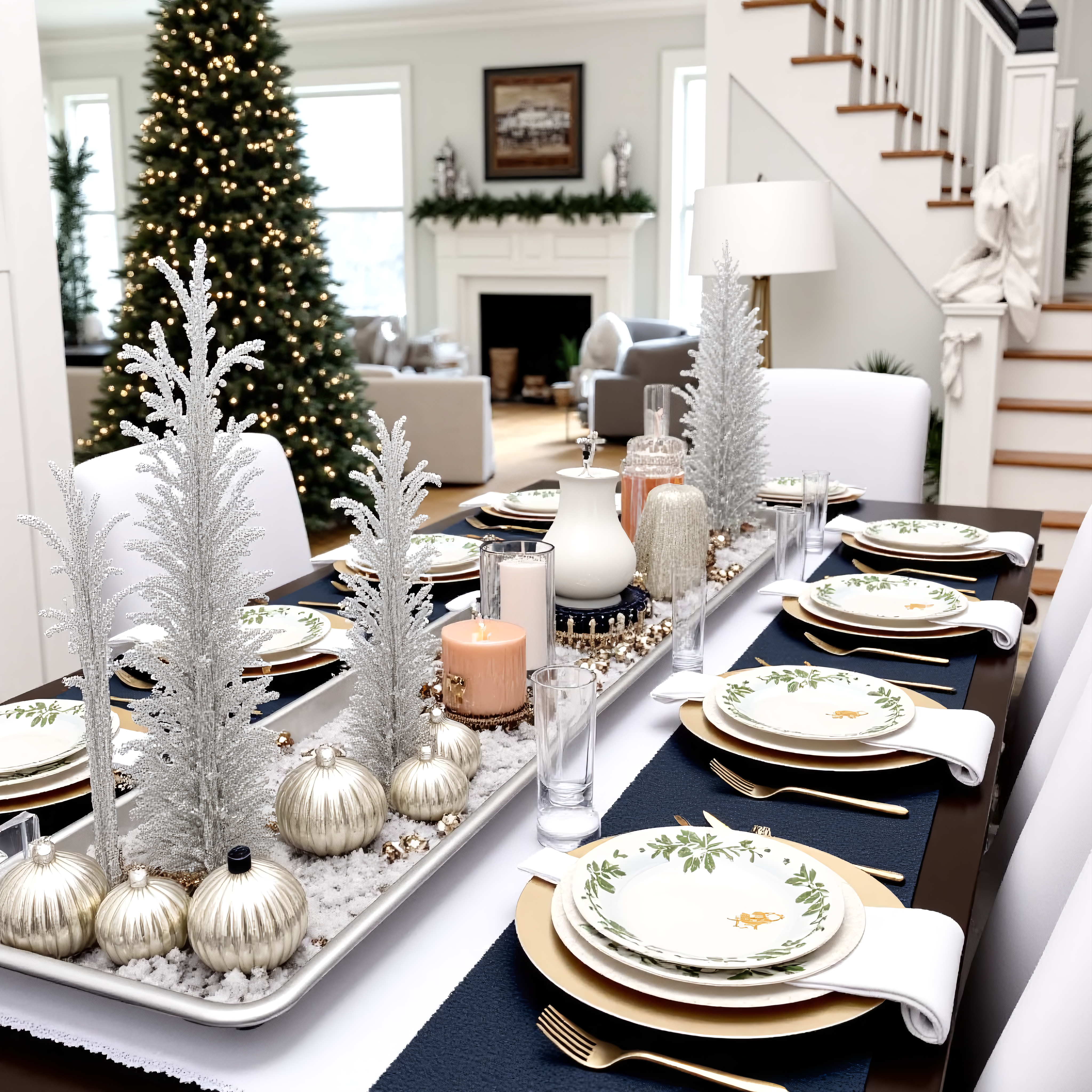 A beautifully decorated dining table setting for a Christmas.  Impressionistic, yet detailed, view of the table and surrounding area. Crisp white walls and a large Christmas tree in the background.  The dining table is dark brown wood with a white tablecloth or runner.  Centerpieces of silver beaded trees, various small glass ornaments, and decorative candle holders with warm candlelight. Clear glass drinking glasses and white dinner plates are arranged for seated guests.  Each plate has a sprig of holly pattern, adding a touch of festive elegance.  The image includes a silver tray with ornate glass ornaments and small glass figurines. The overall color palette is light cream, white, silver, and subtle tones of gold, giving it a soft, cozy wintery feel. The Christmas tree is out of focus, and the kitchen area is softly visible in the background, showcasing additional holiday cheer.  The staircase is partially visible, extending into the upper part of the image.