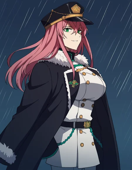 score_9, score_8_up, score_7_up, source_anime, <lora:princia-funnybunny-movie-ponyxl-lora-nochekaiser_r1:1>, princia funnybunny, long hair, green eyes, pink hair, red hair, crossed bangs, sidelocks, hat, jacket, belt, uniform, fur trim, military, military uniform, peaked cap, large breasts,, rainy day, umbrella, walking home, puddles, wet hair, smile, <lora:shaft-look-ponyxl-lora-nochekaiser:1>, shaft look, looking back, from behind, head tilt,, looking at viewer, solo,, dutch angle, cowboy shot