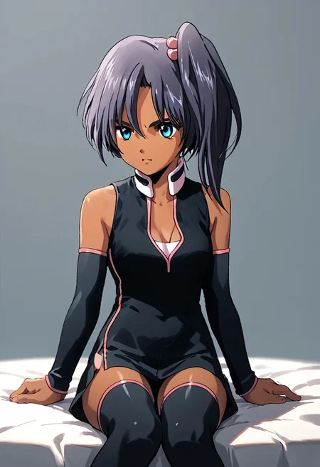 score_9, score_8_up, score_7_up, score_6_up, score_5_up, score_4_up, source_anime, black detached sleeves, side ponytail, 1girl, hair ornament, solo, dark-skinned female, thighhighs, blue eyes, hair bobbles, sitting,