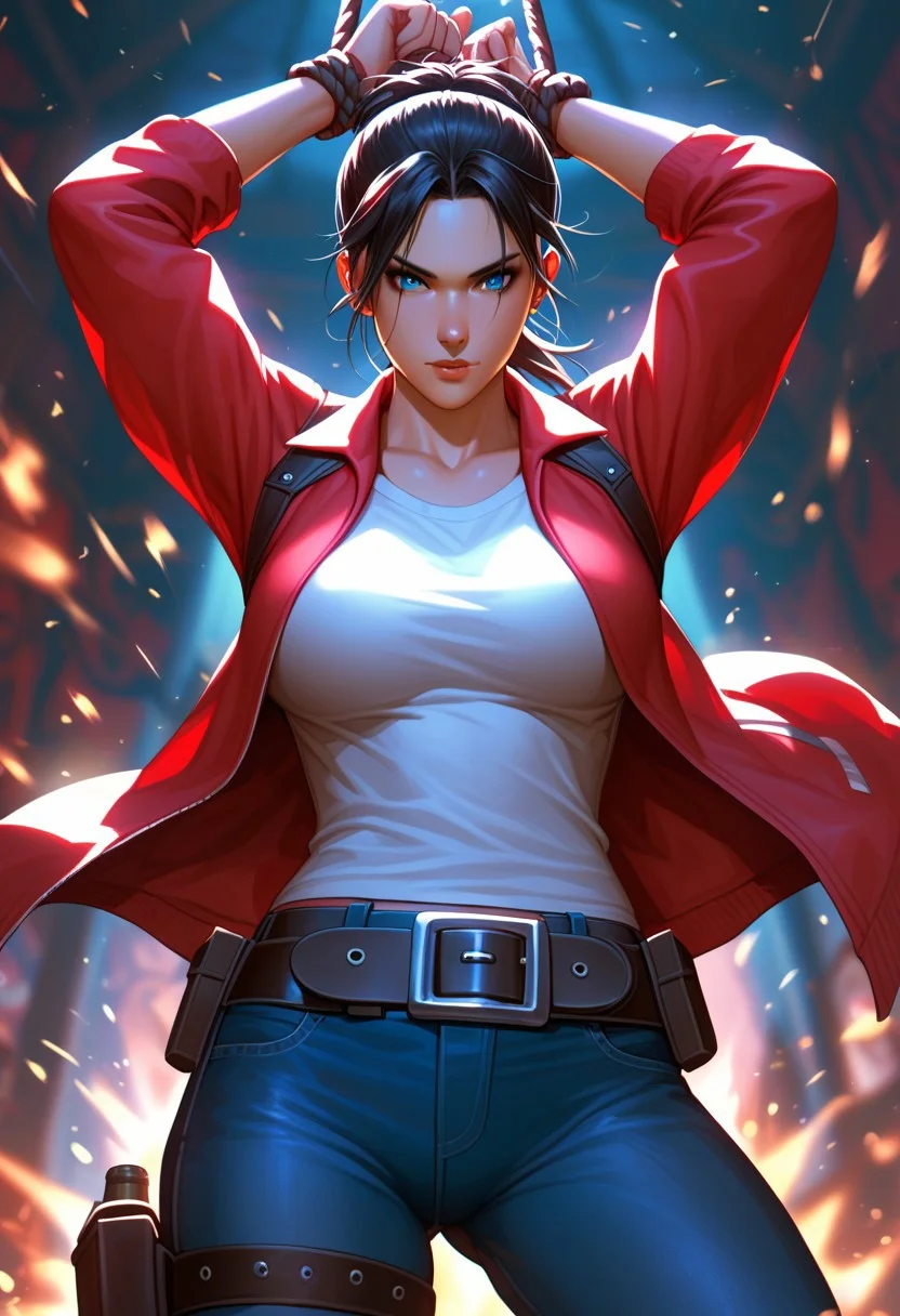 score_9, score_8_up, score_7_up, Zoey from "Left 4 Dead", her movements are fluid and precise. The sunlight filtering through the wooden slats highlights her concentration and martial arts prowess, showing her as a guardian of tradition and fighting spirit, dark hair tied up, fair skin, dark blue eyes, red hooded jacket, grey t-shirt underneath, dark jeans, belt with gun holster