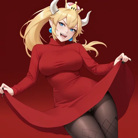 <lora:bowsette_pony_v1:.8>Bowsette, 1girl, solo, blue eyes, horns, jewelry, spikes, ponytail, earrings, super crown, blonde hair, large breasts, spiked collar, pointy ears, spiked bracelet, sharp teeth,  sharp fingernails, nail polish, black nails, cowboy shot <lora:0965 Home wear 12_v1_pony:1> ruanyi0965,red dress,short dress,black pantyhose,argyle legwear,turtleneck,dress lift,bottomless,long sleeves