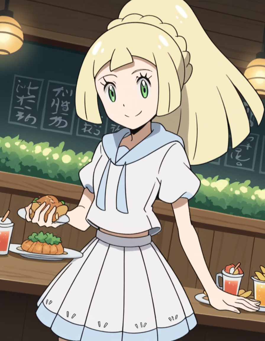 score_9, score_8_up, score_7_up, source_anime, <lora:pokemon-lilie-anime-ponyxl-lora-nochekaiser:1>, lillie \(pokemon\), blonde hair, blunt bangs, green eyes, long hair,, braid, french braid, high ponytail, miniskirt, pleated skirt, sailor collar, shirt, short sleeves, skirt, white shirt, white skirt,, restaurant, laughter, good food, warm lighting, celebration, smile, looking at viewer, solo,, cowboy shot, dutch angle