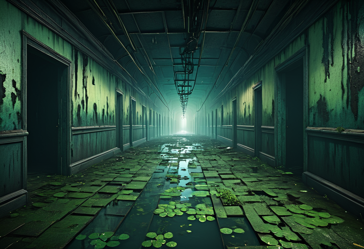 Standing on a crumbling rooftop in a post-apocalyptic city, Swimming in a swamp with unseen creatures circling below, Walking down an endless hallway with doors slamming shut, Rachel Morrison, Janusz KamiÅski, Bradford Young, Color graded, Perspective-shifting, Motion blur, Suspenseful, Light, Contrasted, Ethereal, Dramatic, Fragmented, Sweeping angles masterpiece, best quality, absurd resolution, in the style of first person perspective,  <lora:artfullyHW1P:1> arthw1p, scenery, no humans,