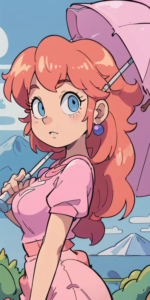 1girl, <lora:TFMToonWorld:1> 80's anime style, <lora:princessPeachCharacter_v10:0.6> peach, pink dress, crown, holding a big red and white polkadot mushroom, mountains with faces, clouds with faces, pink parasol, blonde hair, long hair, big breasts