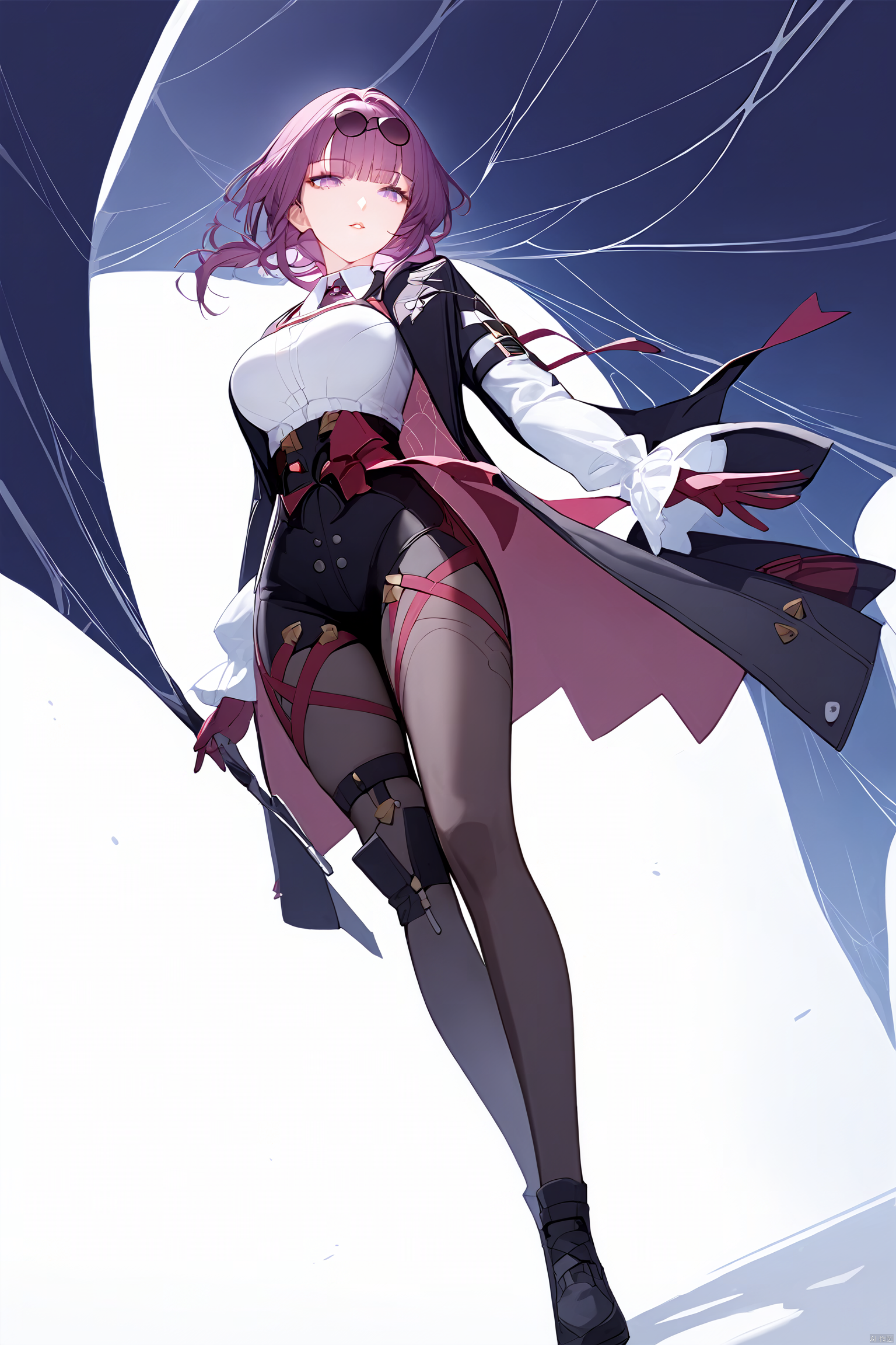 score_9,score_8_up,score_7_up,best quality,masterpiece,source_anime,
---------------------------,
 masterpiece, best quality,1girl, Spider, parted lips, solo,blunt bangs, slit pupils, eyelashes, full_body,
------------------------------,
cowboy shot,dynamic angle,from below,intense angle ,dutch angle,wide shot,floating,lens 135mm,f1.8,
--------------------------,
kafuka, 1girl, gloves, pantyhose, purple hair, sunglasses, eyewear on head, large breasts, white shirt, black short, black footwear, bangs, long sleeves, purple eyes,jacket,
(white background:1.1),full_body,Red Spider Lily,Red Spider Lily<lora:EMS-322053-EMS:0.700000>, <lora:EMS-290661-EMS:0.500000>, <lora:EMS-326239-EMS:0.800000>