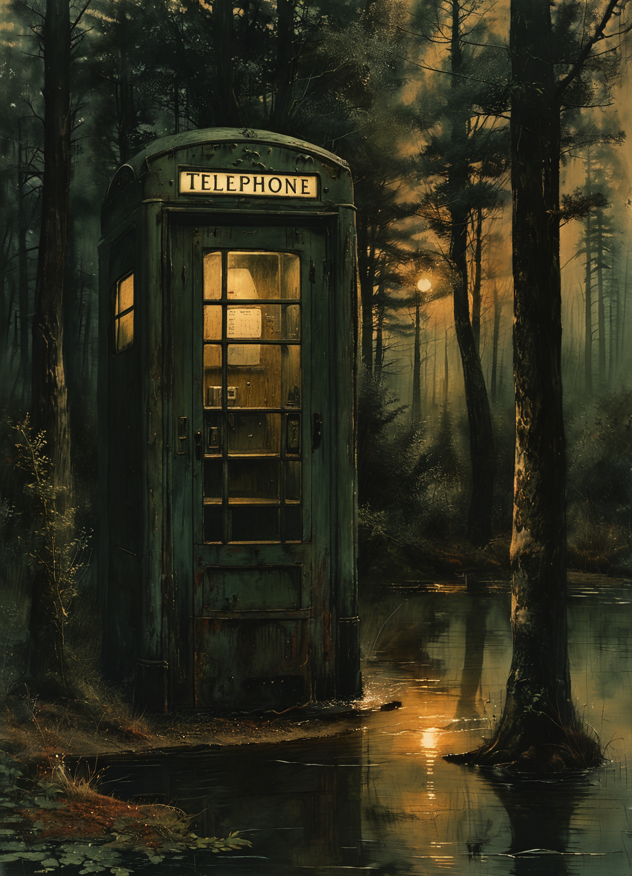 vintage telephone booth in the forest,arm,water,twilight,light from within,8k,<lora:tbh163-sdxl:0.9>,natural light,<lora:The_Dark_Side_of_the_Earth:0.6>,